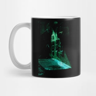 Special processing. Person walking at night, on dark street, with stone walls. Green. Mug